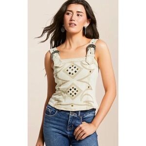 Buckle Up Cowgirl studded denim top  embroidered western belt buckle straps NWT